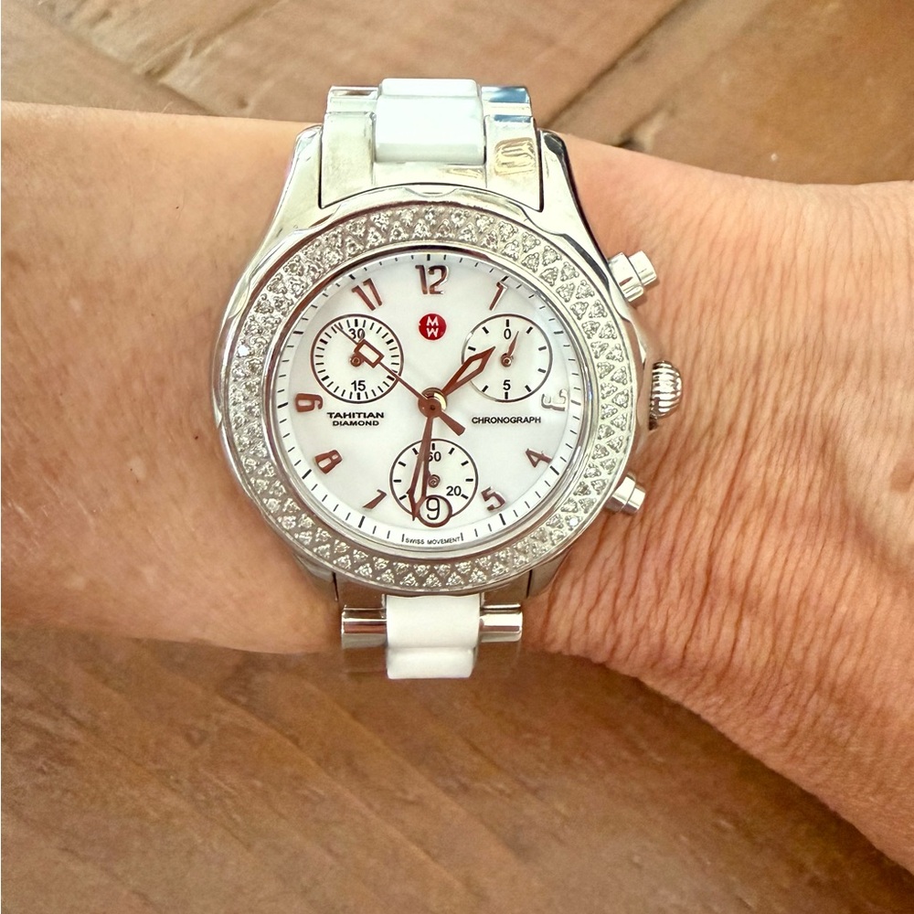 Michele White Ceramic and Silver Diamond-Accent Chronograph Watch